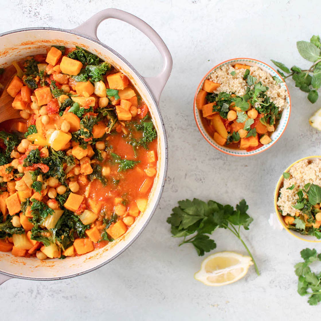 Spicy Chickpea and Sweet Potato Tagine with Lemon and Herbs