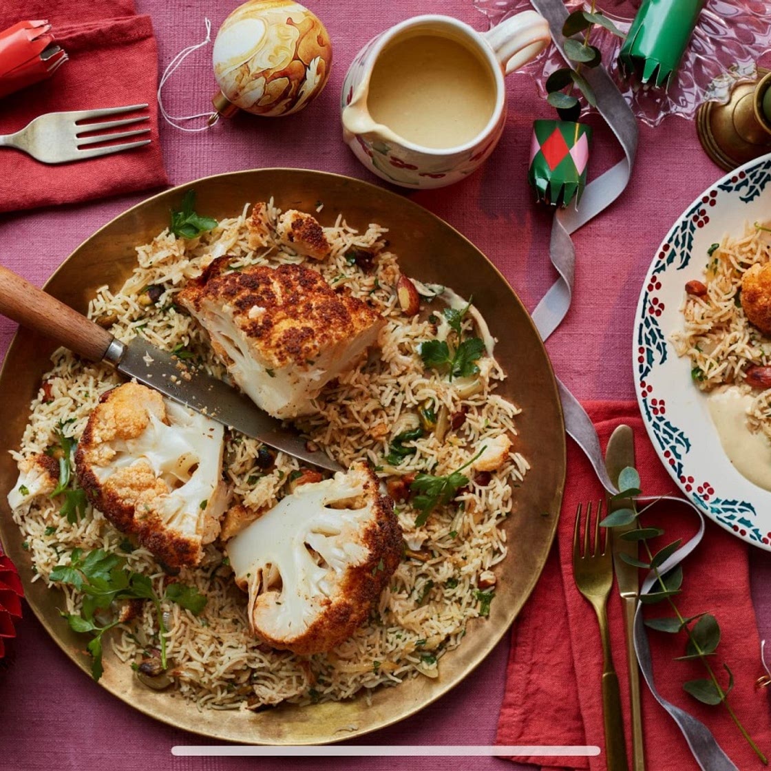 whole roast cauliflower and nut pilaf