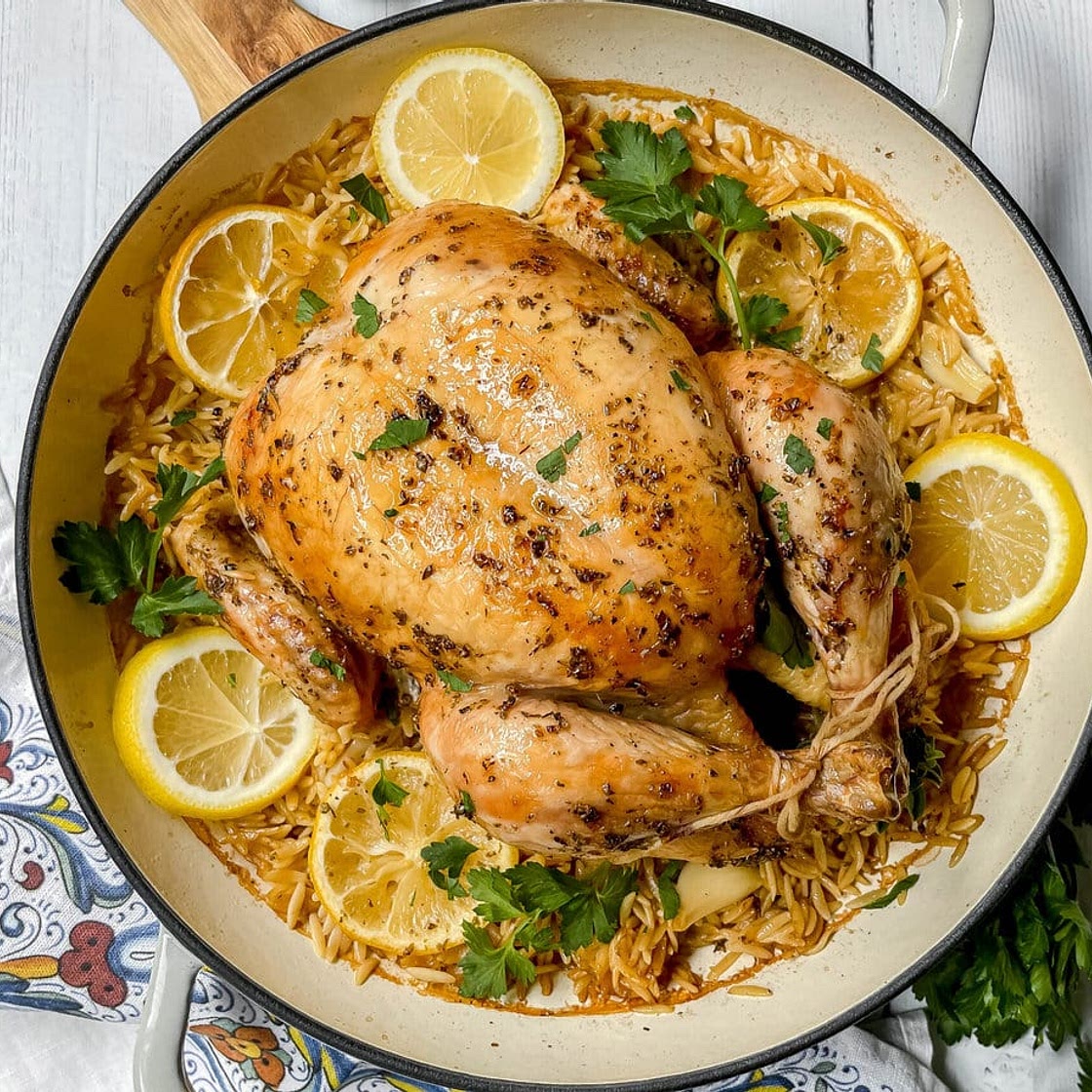 Greek Roasted Chicken with Lemon Orzo
