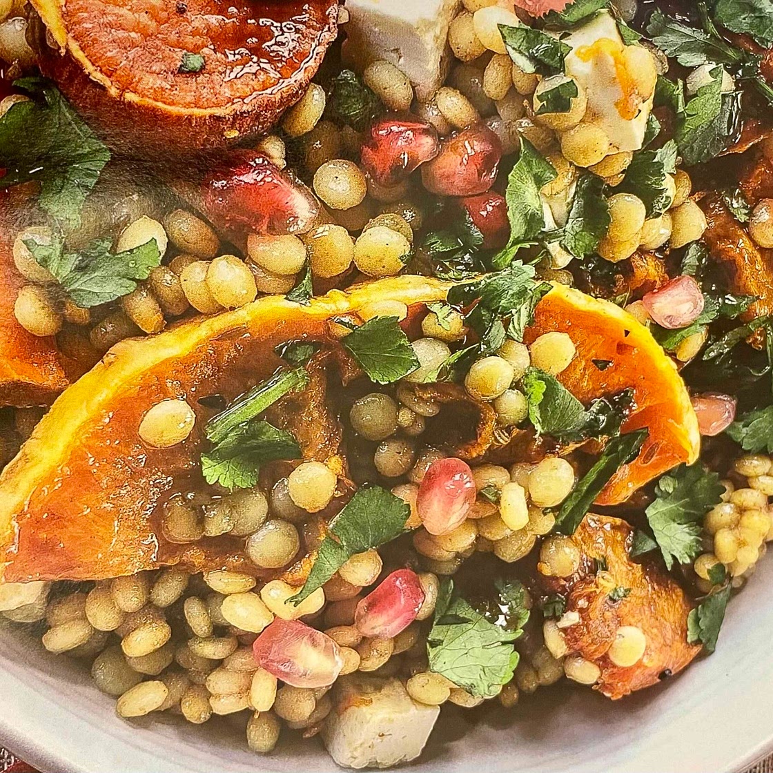 Giant couscous with roasted winter vegetables & pomegranate mol 