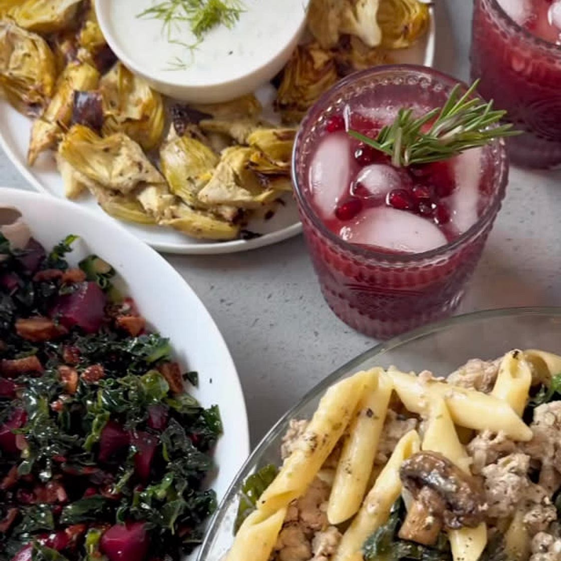 Roasted artichoke with chicken pasta, pears, and mocktail