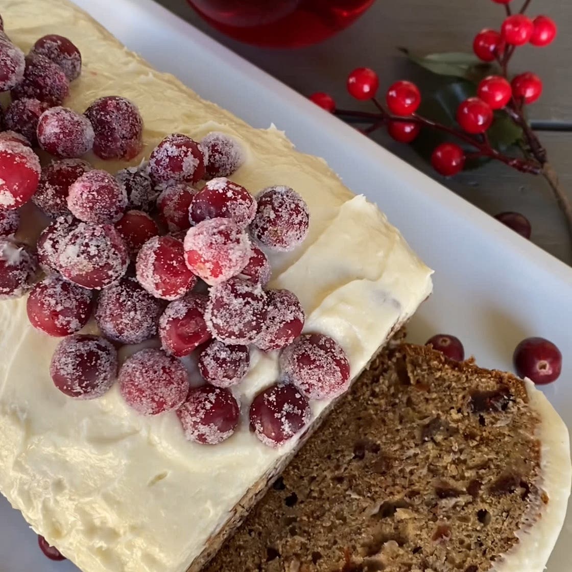 Banana Bread with Cream Cheese Frosting and Sugared Cranberries 