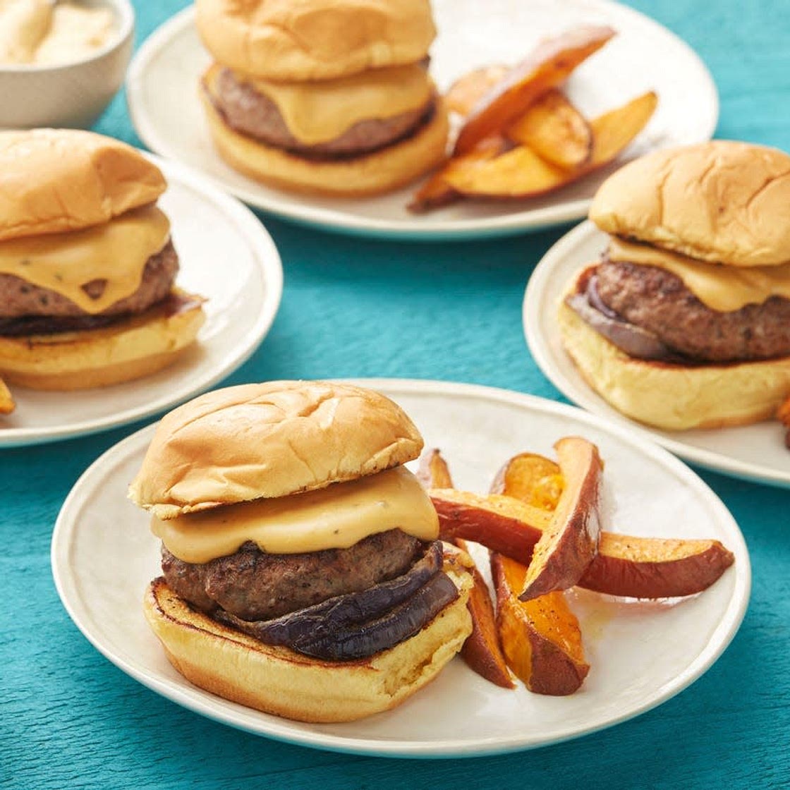 White Cheddar Cheeseburgers with Roasted Sweet Potato Wedges