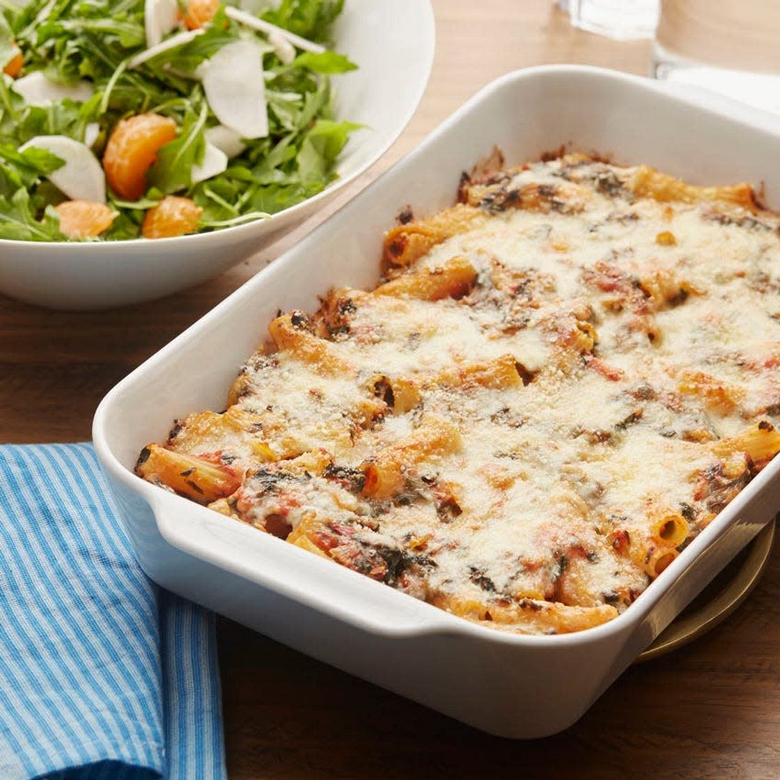 Cheesy Baked Pasta & Spinach with Arugula & Clementine Salad