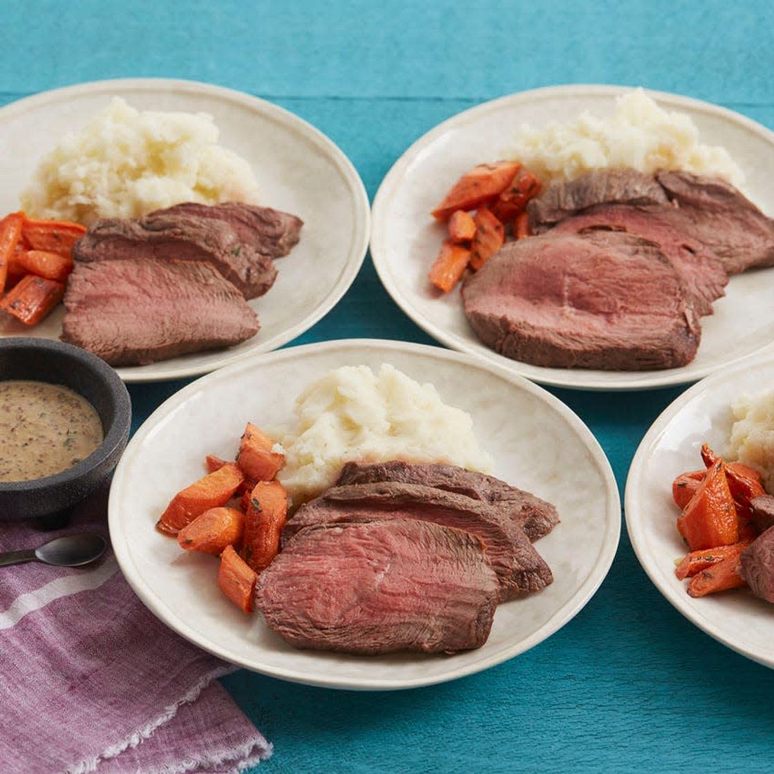 Roast Beef & Carrots with Mashed Potatoes & Dijon Mustard Pan Sauce