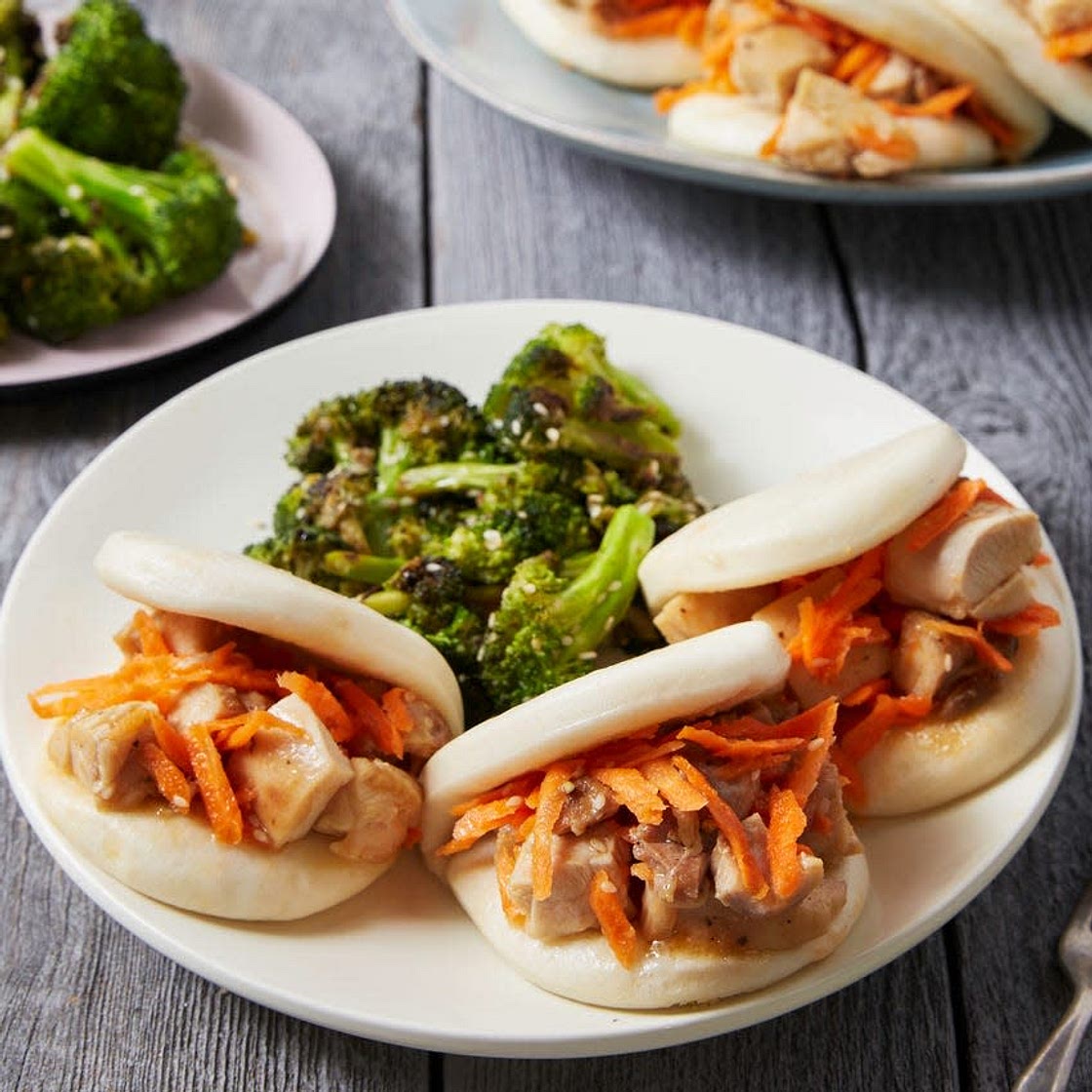 Hoisin Chicken Steam Buns with Broccoli & Marinated Carrots