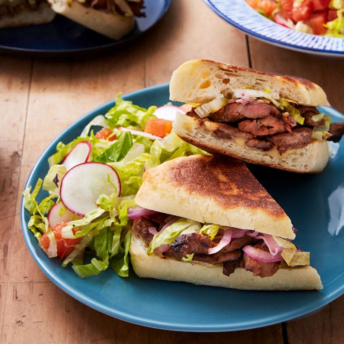 Spiced Beef & Pickled Onion Tortas with Cara Cara Orange, Radish & Romaine Salad
