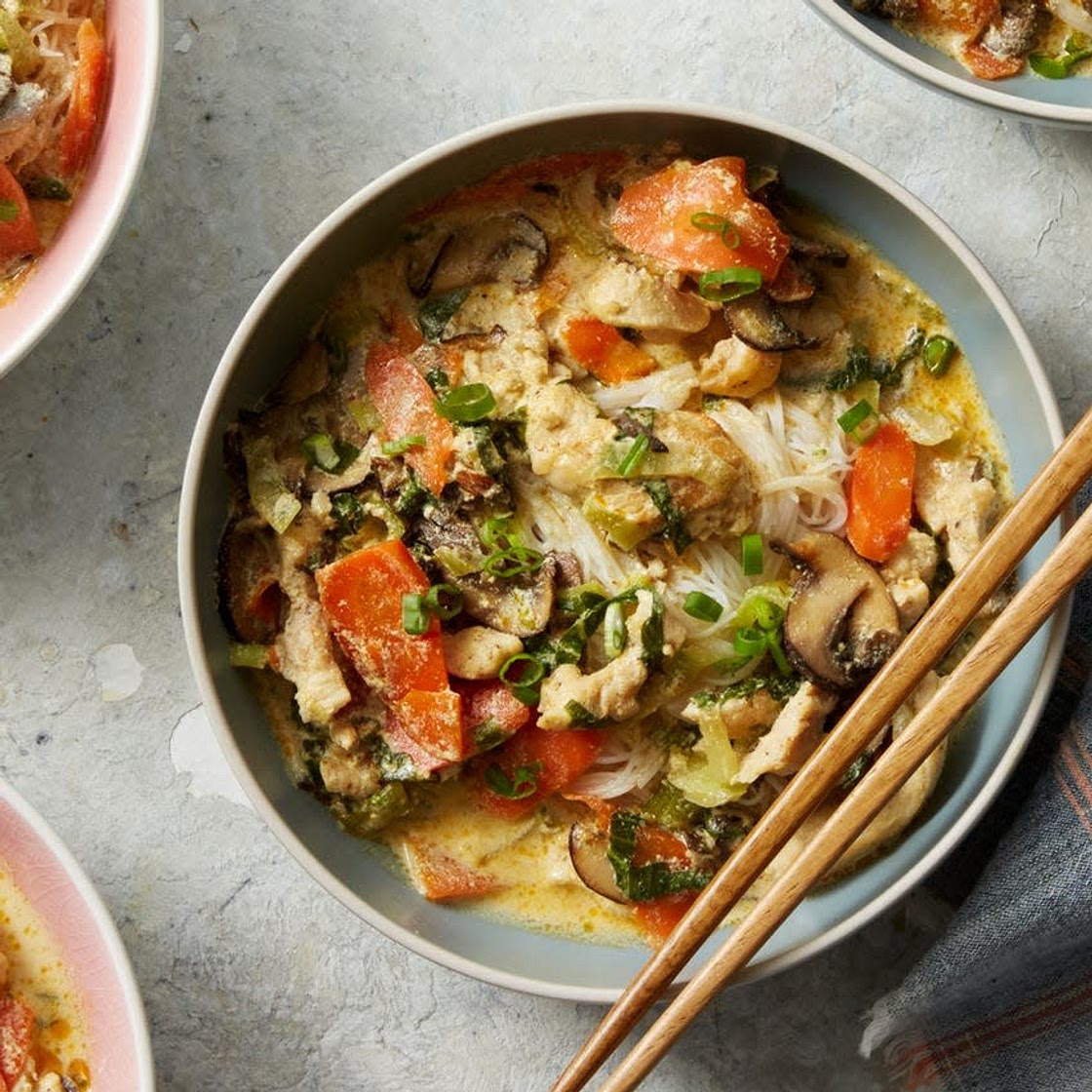 Thai Chicken Noodle Soup with Yellow Curry & Mushrooms