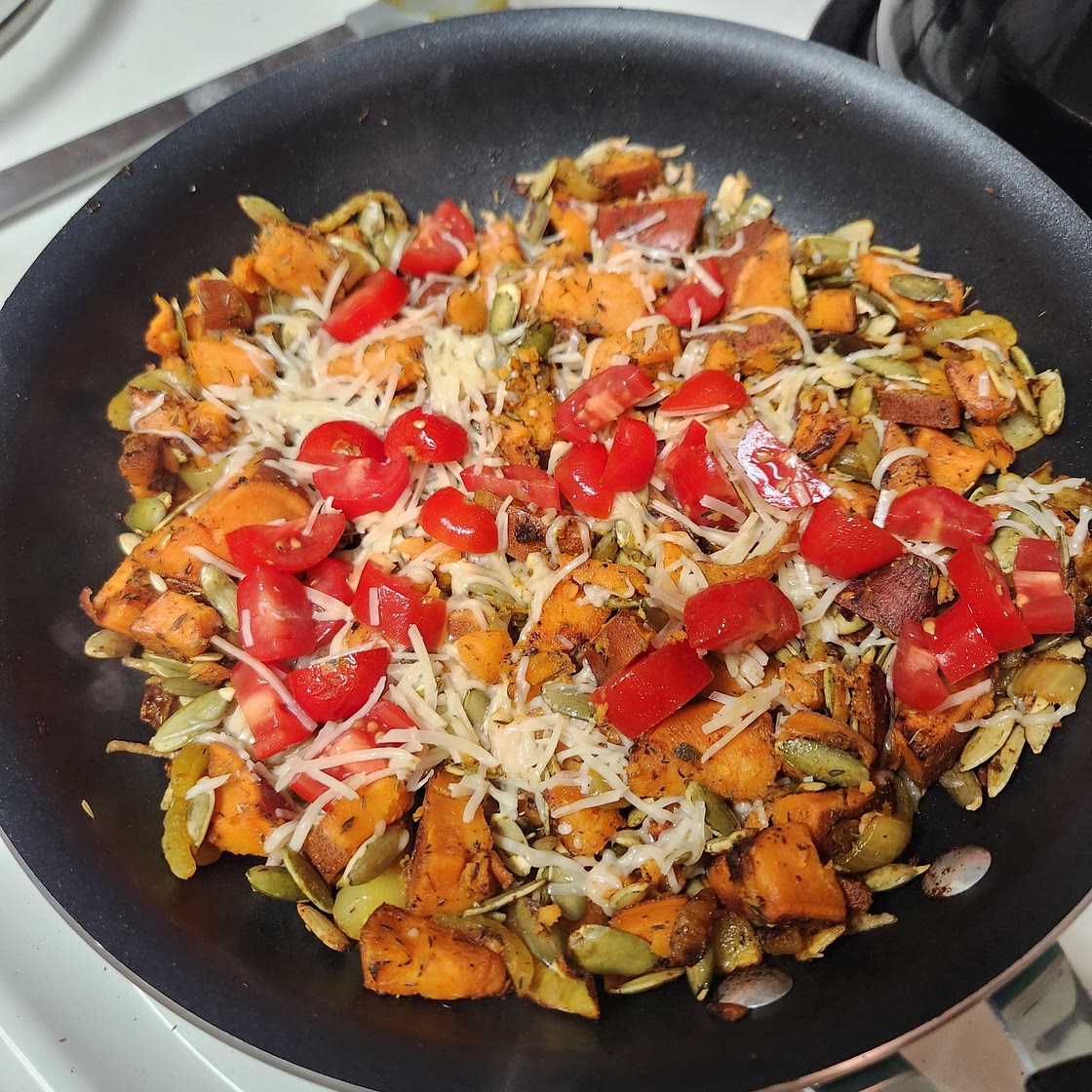 Parmasan sweet potatoes and pumpkin seeds