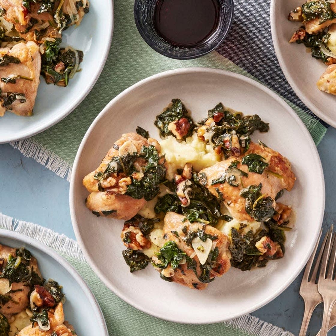 Verjus-Braised Chicken with Spinach & Mashed Potatoes