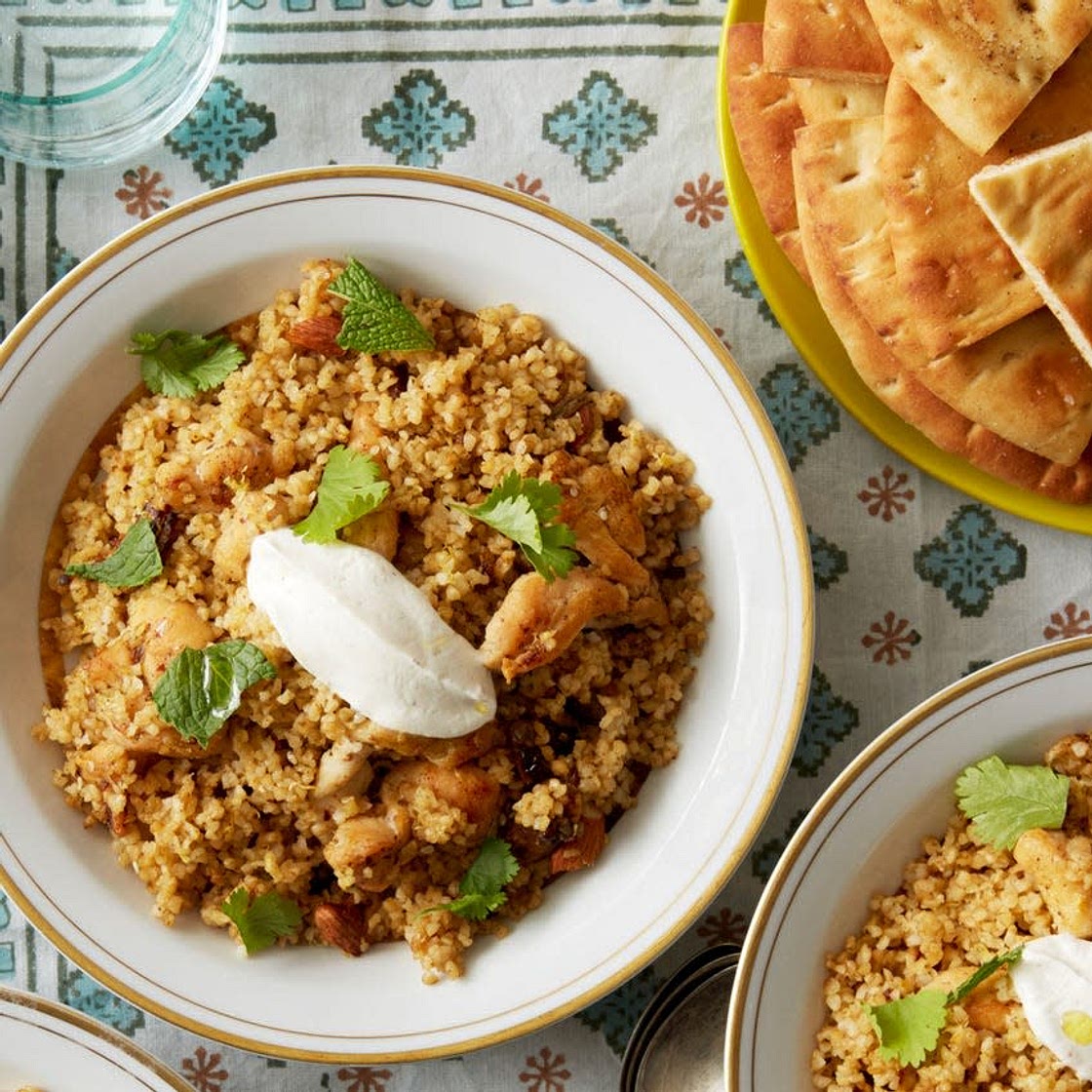 Za'atar-Spiced Chicken & Bulgur with Yogurt Sauce & Pita Chips