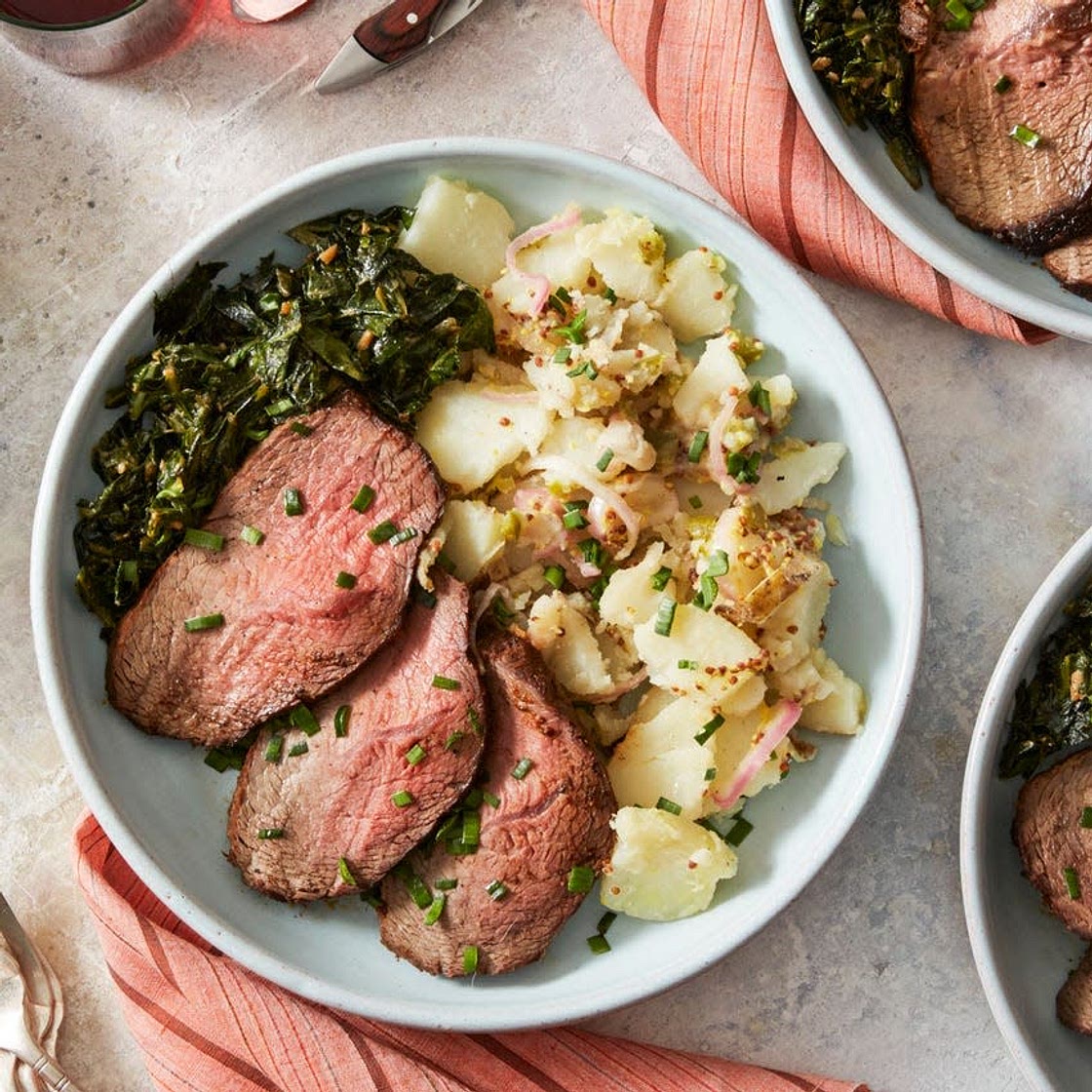 Spice-Rubbed Roast Beef with Collard Greens & Potato Salad