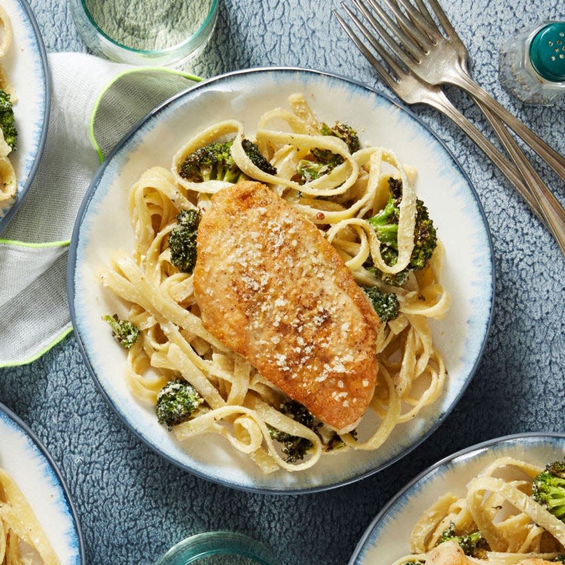 Parmesan-Crusted Chicken with Creamy Fettuccine & Roasted Broccoli