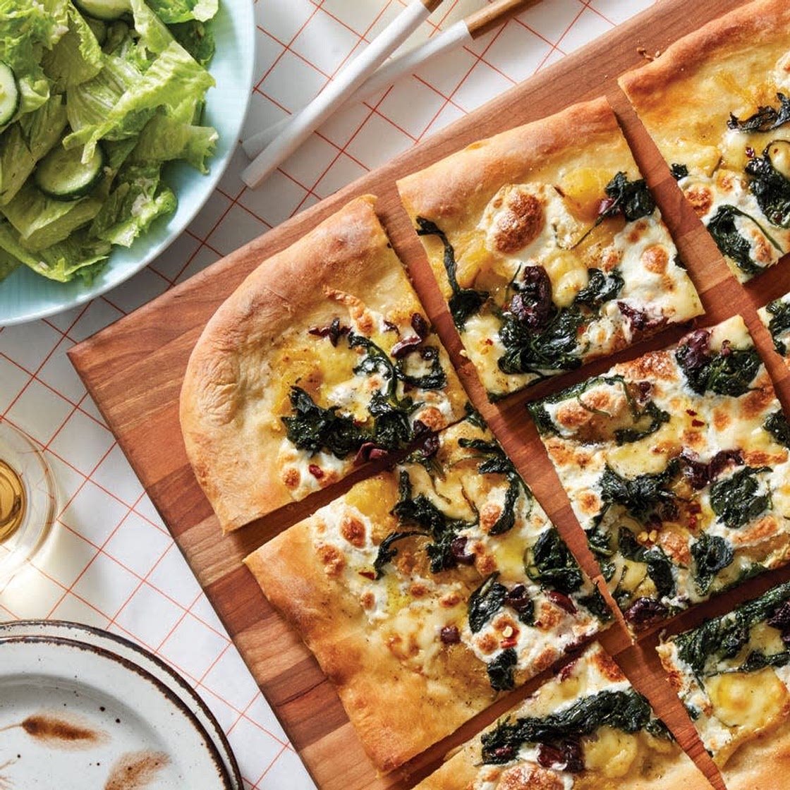 Yellow Tomato & Fontina Pizza with Cucumber & Romaine Salad