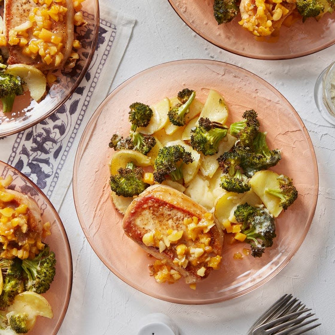 Pork Chops & Apricot Pan Sauce with Cheesy Potatoes & Broccoli