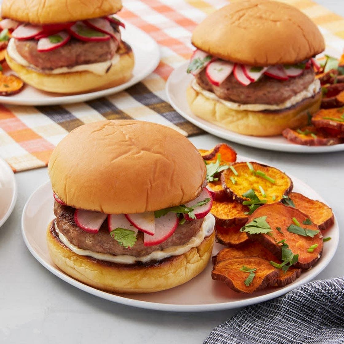 Lemongrass & Ginger Turkey Burgers with Marinated Radishes & Roasted Sweet Potatoes