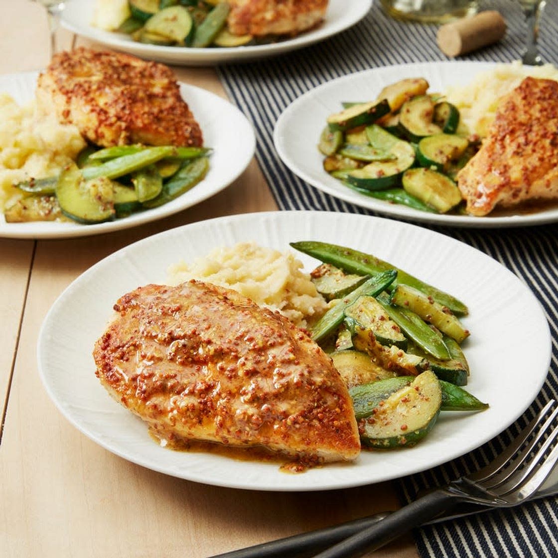 Seared Chicken & Mustard Pan Sauce with Summer Squash & Garlic Mashed Potatoes