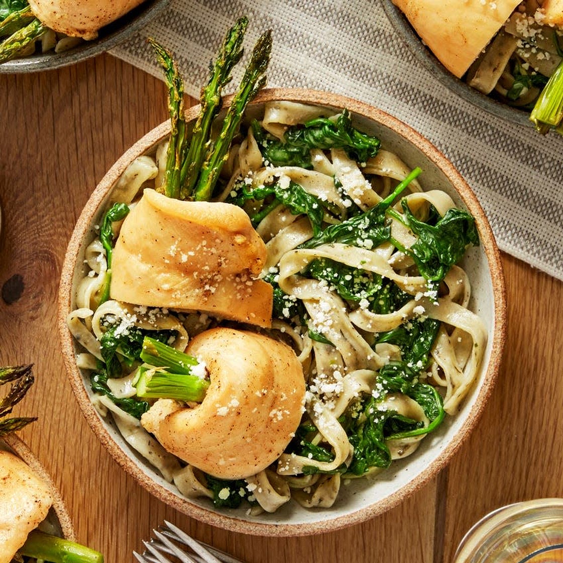 Chicken & Asparagus Rollatini with Fresh Basil Fettuccine