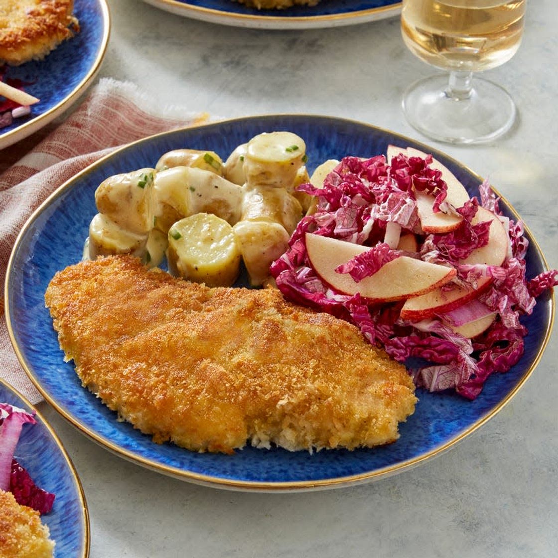 Chicken Schnitzel with Fingerling Potato Salad & Marinated Napa Cabbage