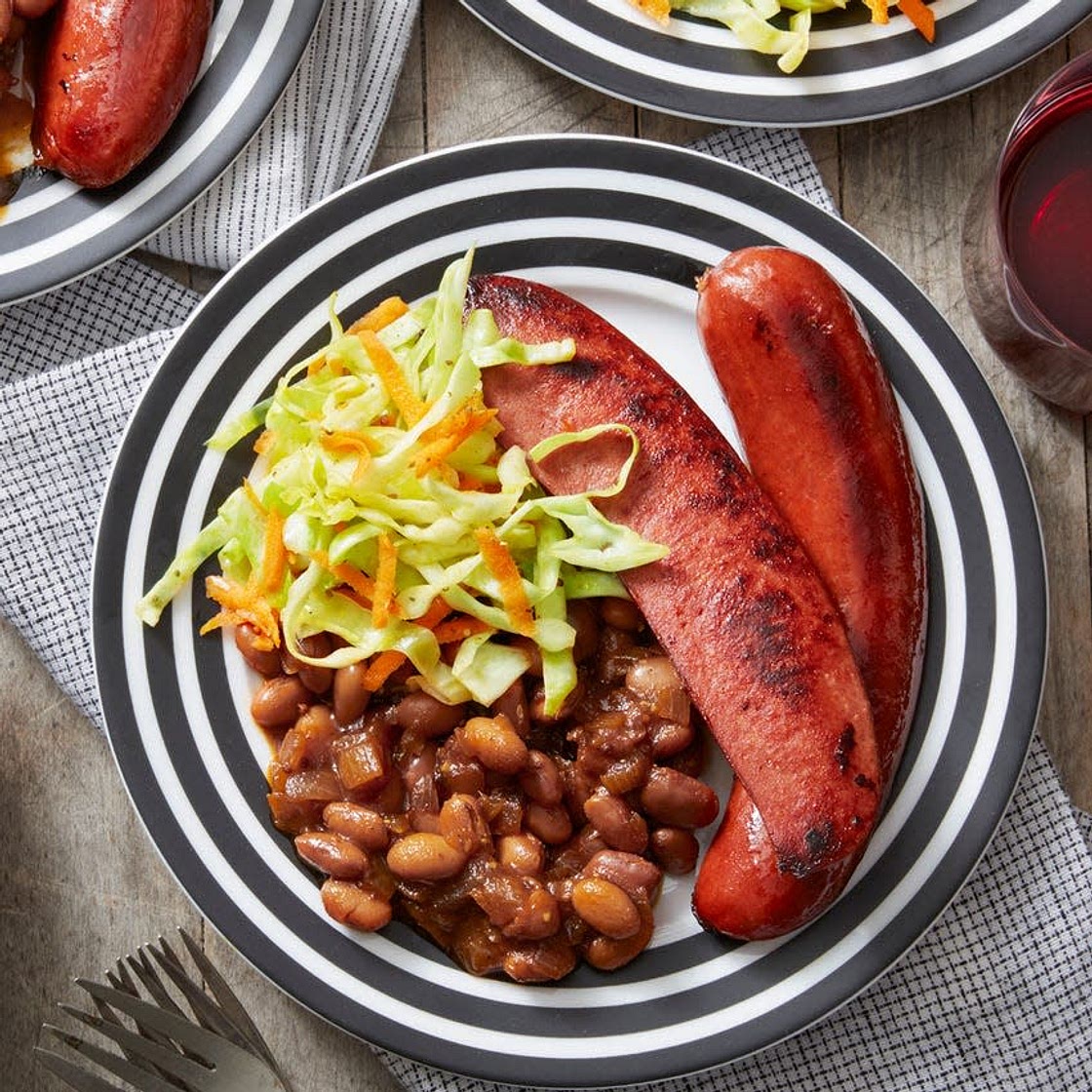 Seared Knockwurst with New England-Style Beans & Coleslaw