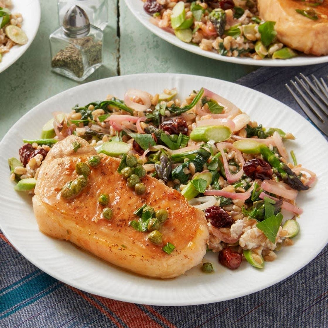 Caper-Butter Pork Chops & Farro Salad with Asparagus, Dried Cherries, & Goat Cheese