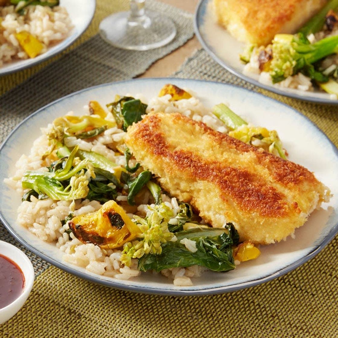 Crispy Cod & Garlic Rice with Gai Lan & Yakiniku Sauce