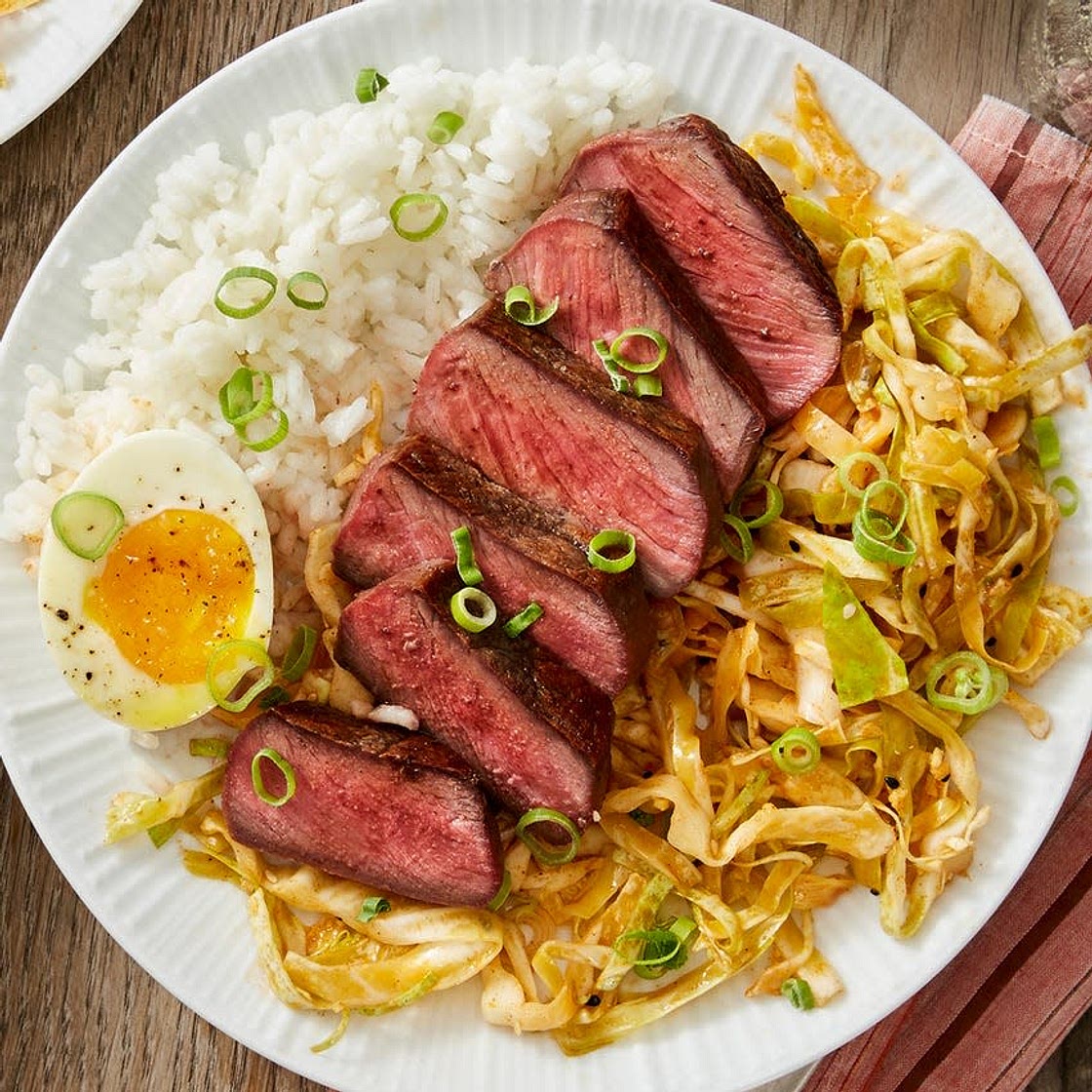 Seared Steaks & Soft-Boiled Eggs with Quick Kimchi & Jasmine Rice