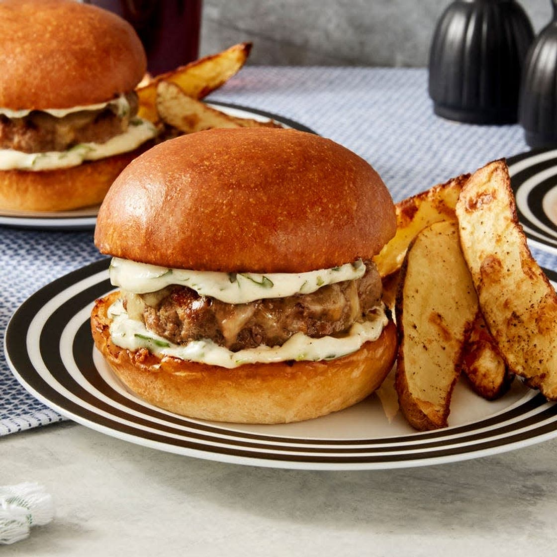 Fontina Cheeseburgers with Rosemary Oven Fries & Basil Aioli