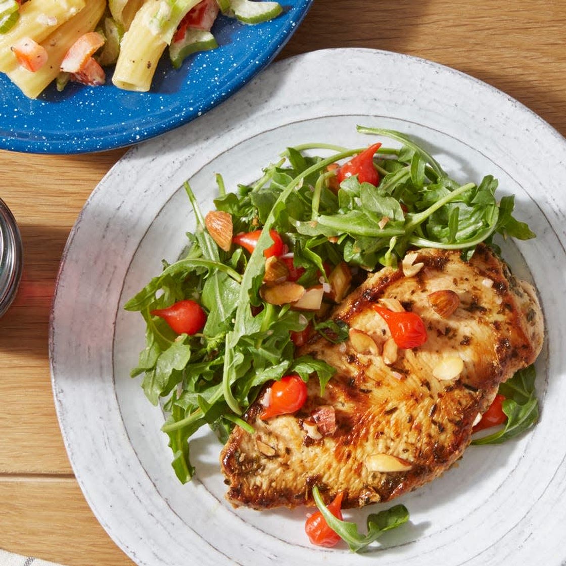 Vinaigrette-Marinated Chicken with Baby Greens & Pasta Salad
