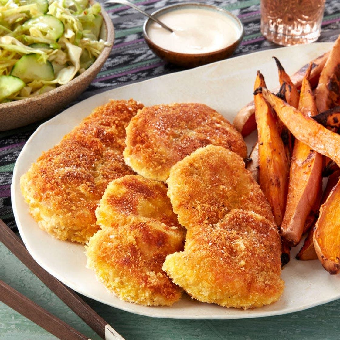 Chicken Katsu & Miso-Roasted Sweet Potatoes with Cone Cabbage Salad