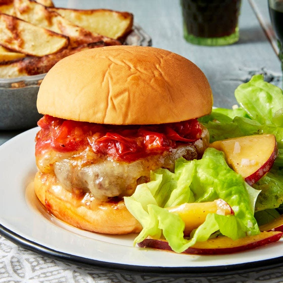 White Cheddar Pork Burgers with Cherry Tomatoes & Roasted Potato Wedges