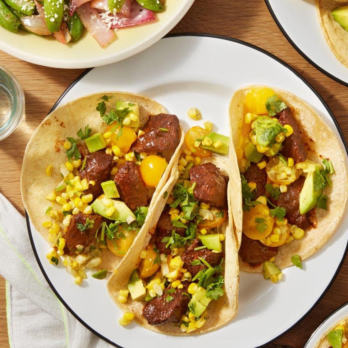 Spiced Beef Tacos with Corn Salsa & Sugar Snap Pea Salad