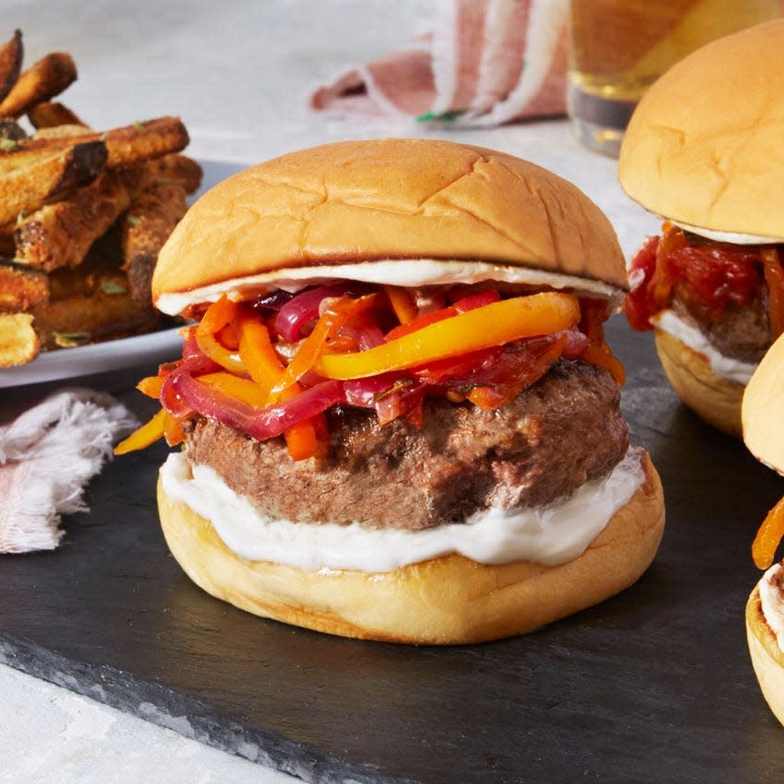 Lamb & Beef Burgers with Sweet Peppers & Baked Eggplant Fries