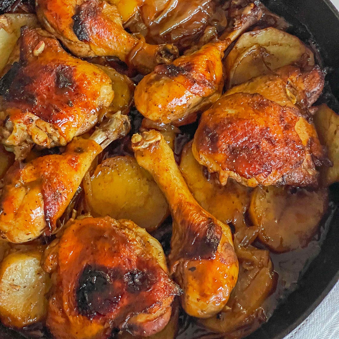 Pomegranate Roasted chicken with potatoes onions
