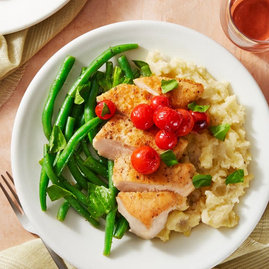 Seared Chicken & Blistered Cherry Tomatoes with Garlic Mashed Potatoes
