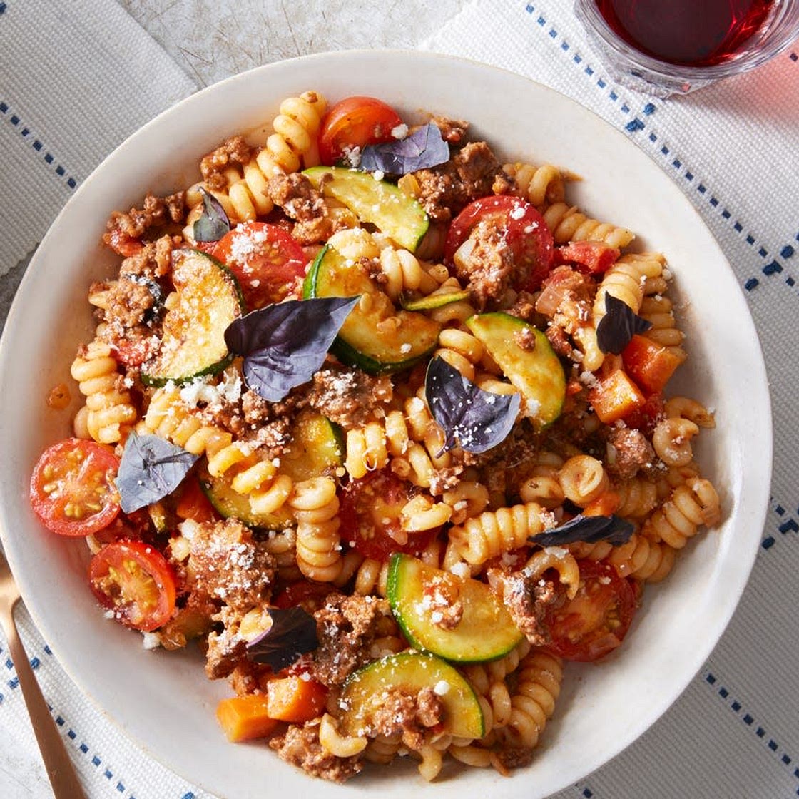 Beef Bolognese with Cherry Tomatoes, Summer Squash, & Opal Basil