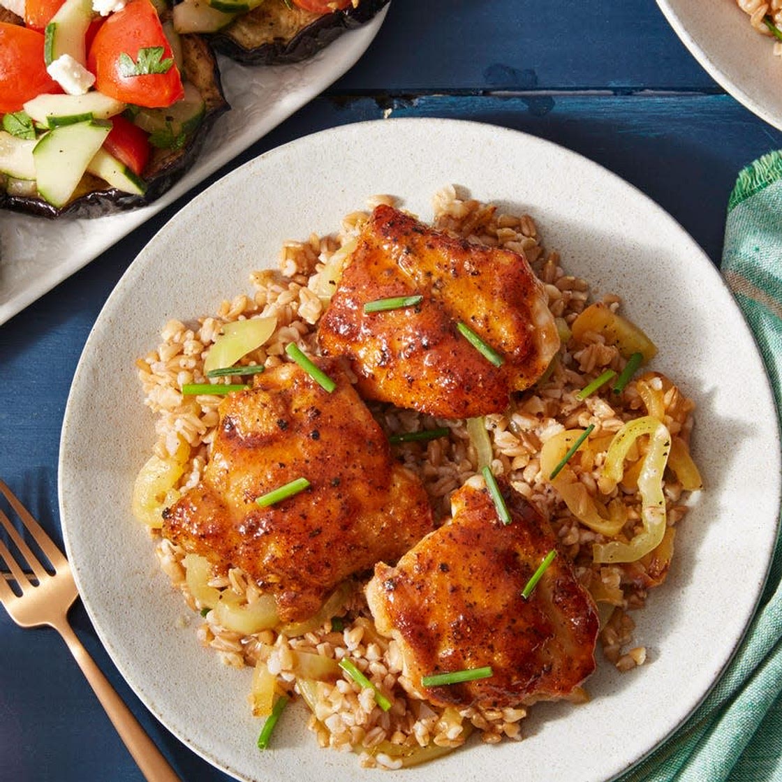 Honey-Pepper Chicken & Farro with Tomato, Cucumber, & Feta Salad