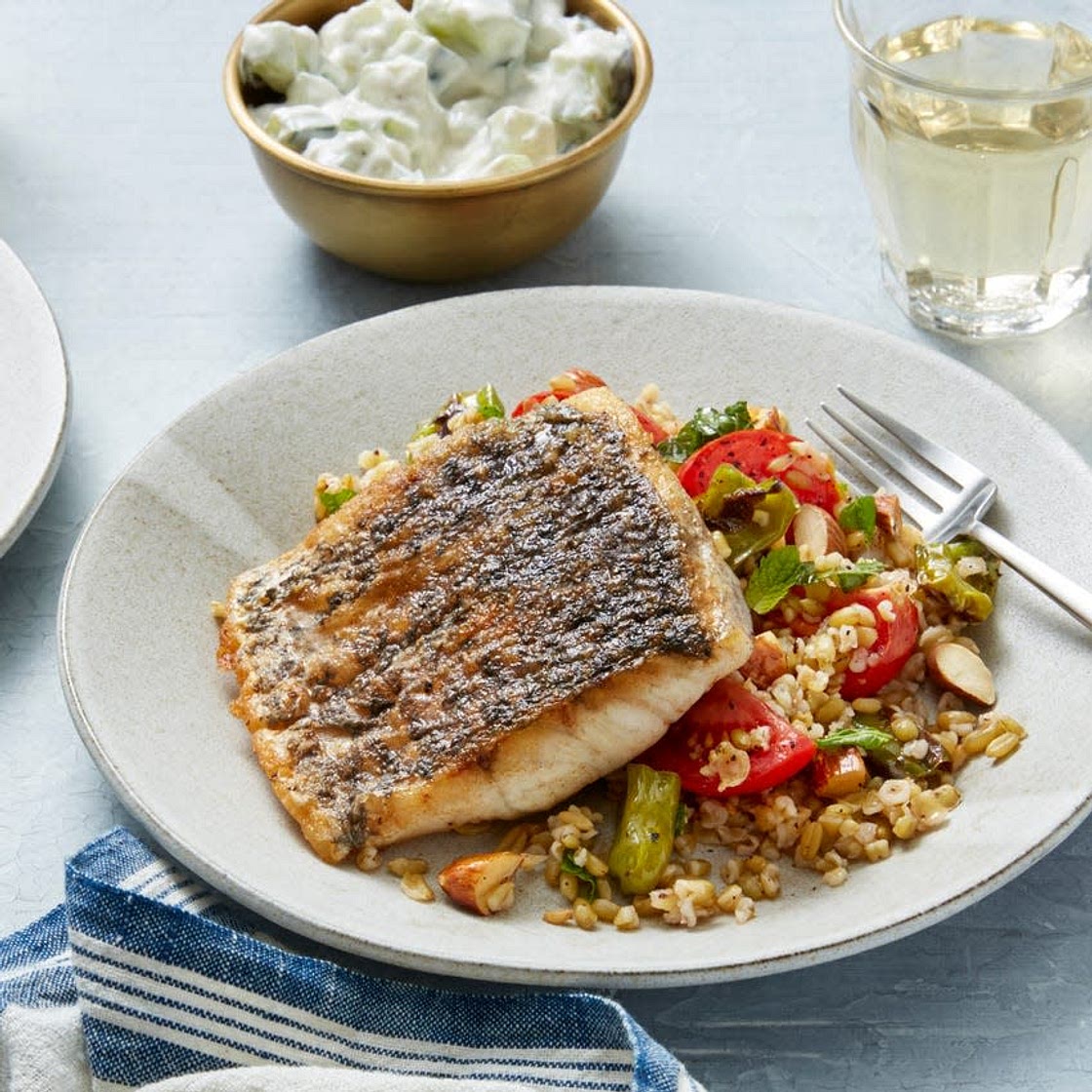 Barramundi & Tzatziki Sauce with Summer Vegetable & Freekeh Salad