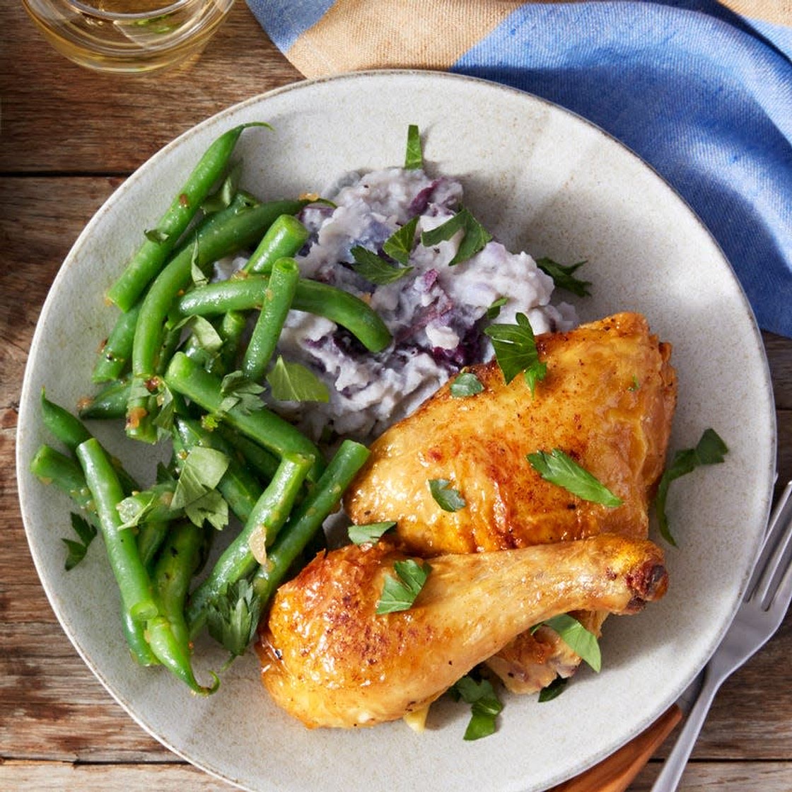 Roasted Chicken with Mashed Purple Potatoes & Green Beans