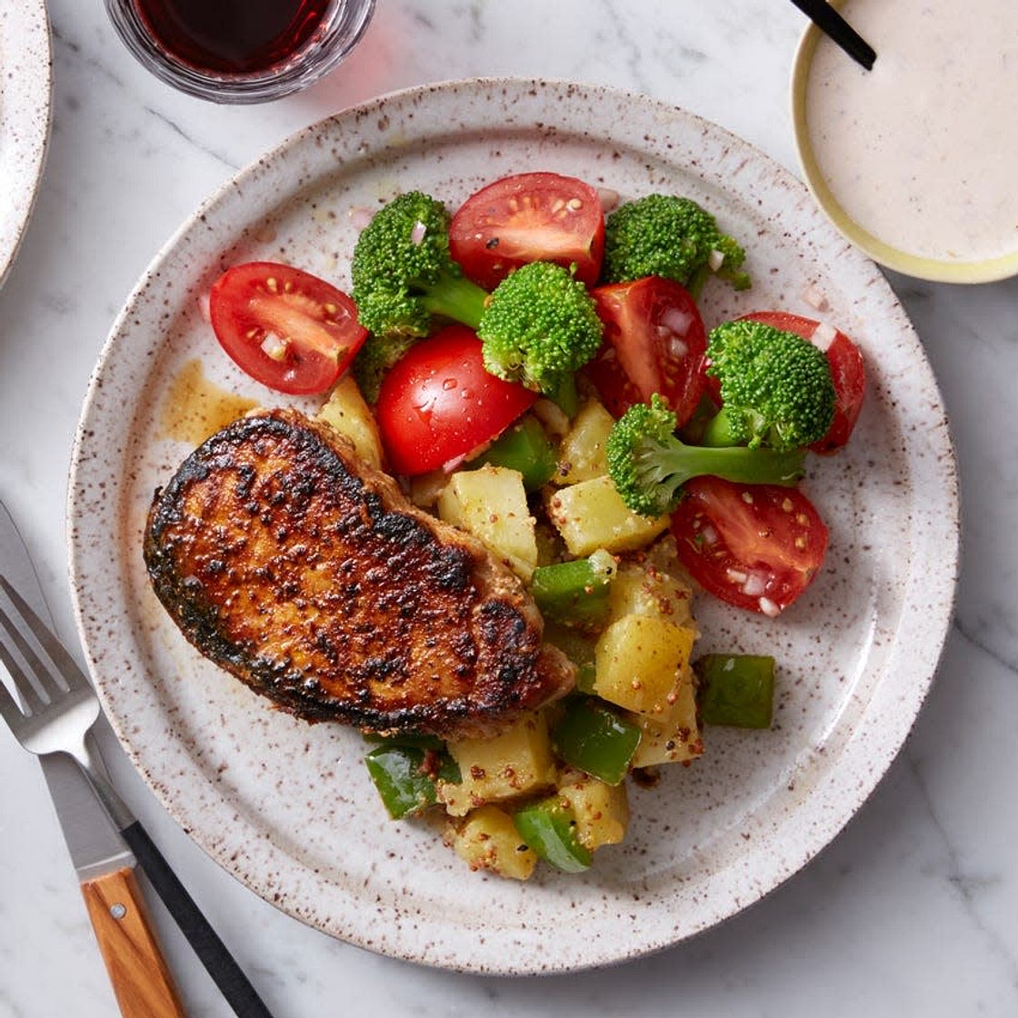 Barbecue Spice-Rubbed Pork Chops with Potato Salad & Marinated Broccoli