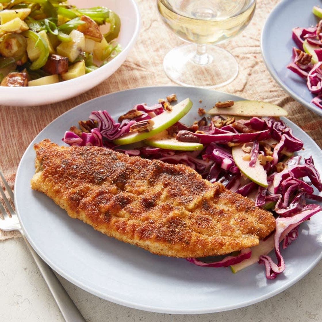 Crispy Spiced Catfish & Potato Salad with Cabbage, Apple, & Pecan Slaw