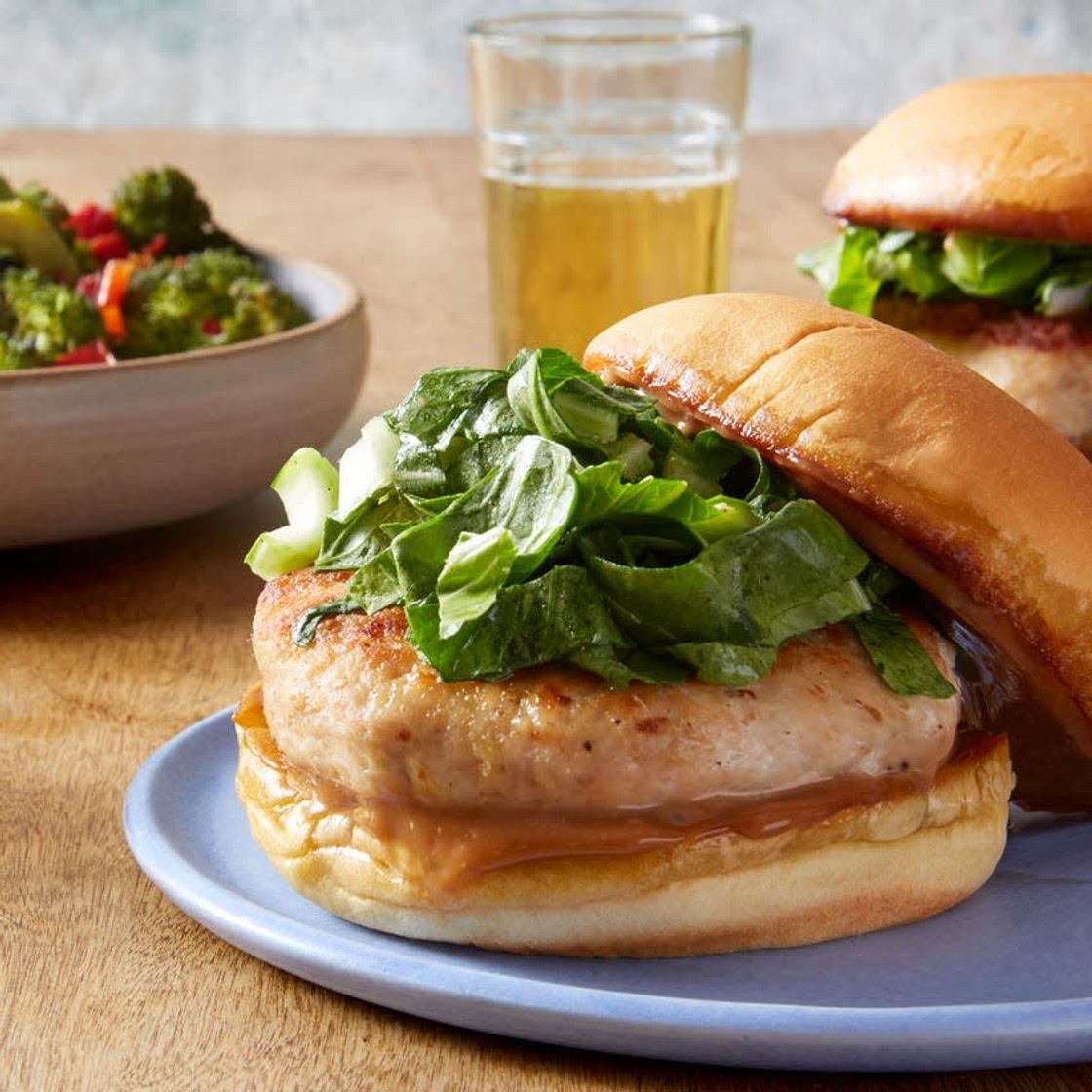 Ginger Chicken Burgers with Hoisin Mayonnaise & Roasted Broccoli