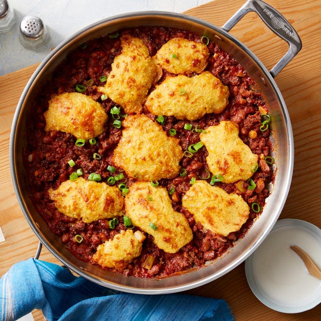 Beef & Pinto Bean Chili with Cheddar Cornbread Topping