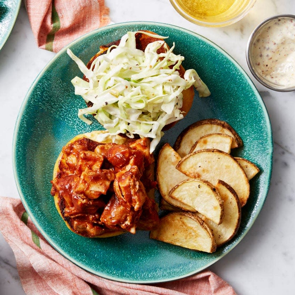 Chopped BBQ Chicken Sandwiches with Roasted Potatoes & Coleslaw