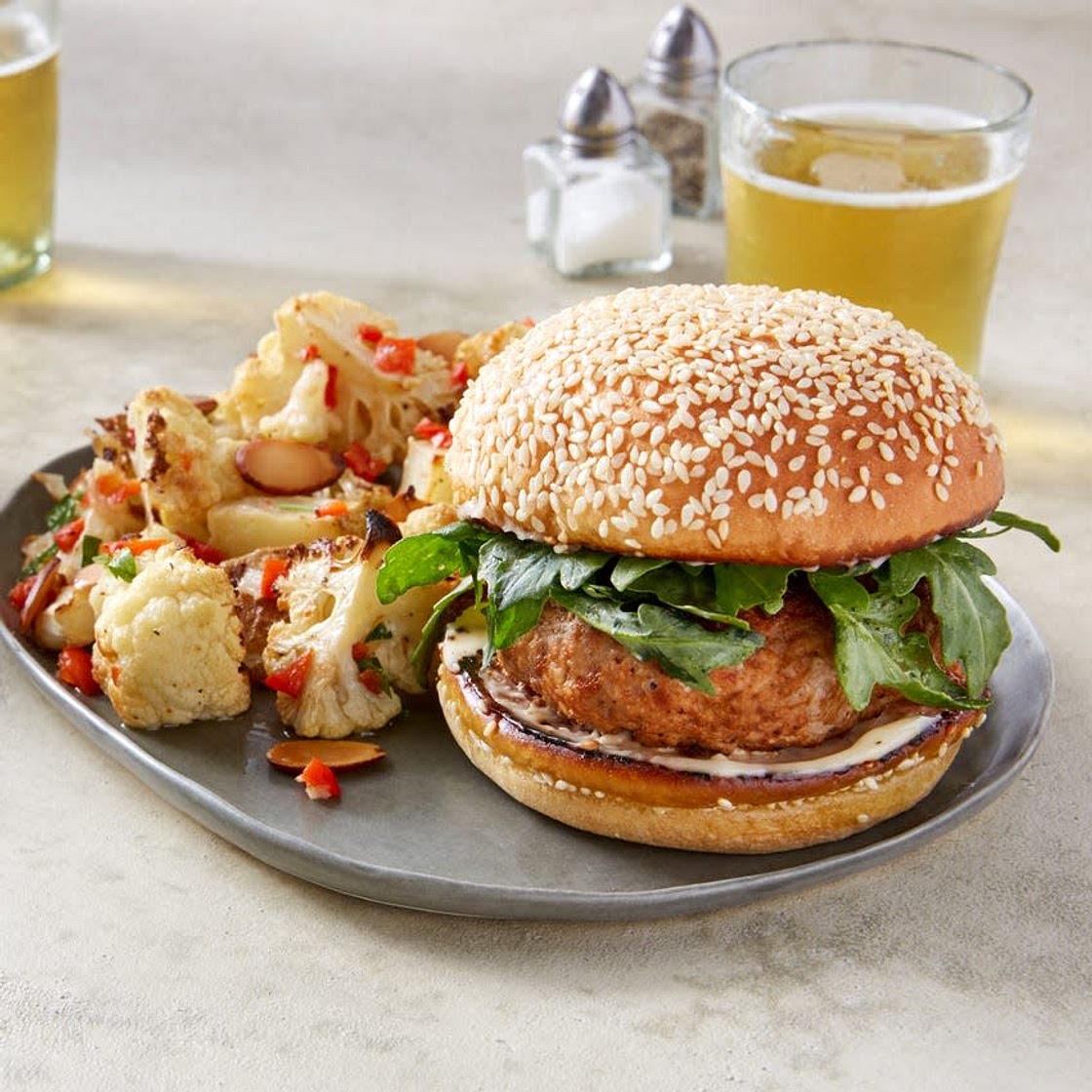 Smoky Pork Burgers with Roasted Cauliflower & Potato Salad