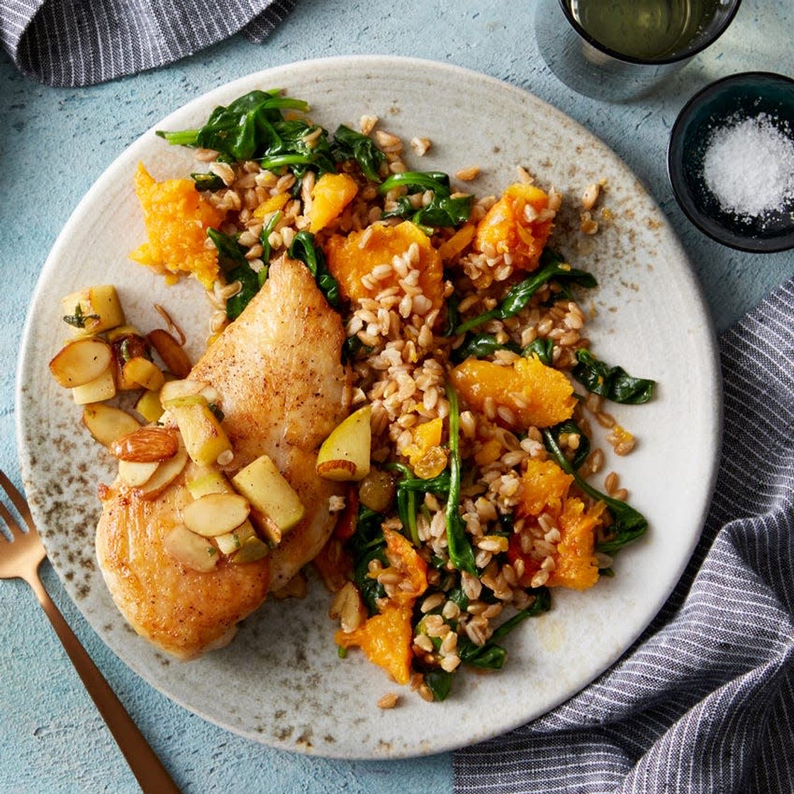 Seared Chicken & Farro with Honeynut Squash & Apple-Almond Relish