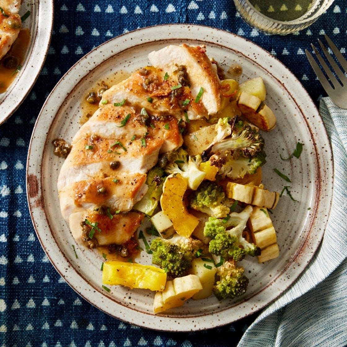 Seared Chicken & Roasted Fall Vegetables with Caper-Butter Sauce