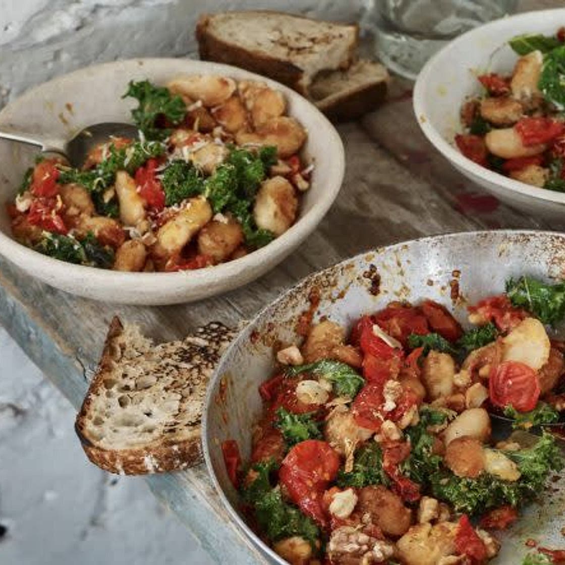 CRISPY BUTTERBEANS WITH KALE, PARMESAN AND LEMON