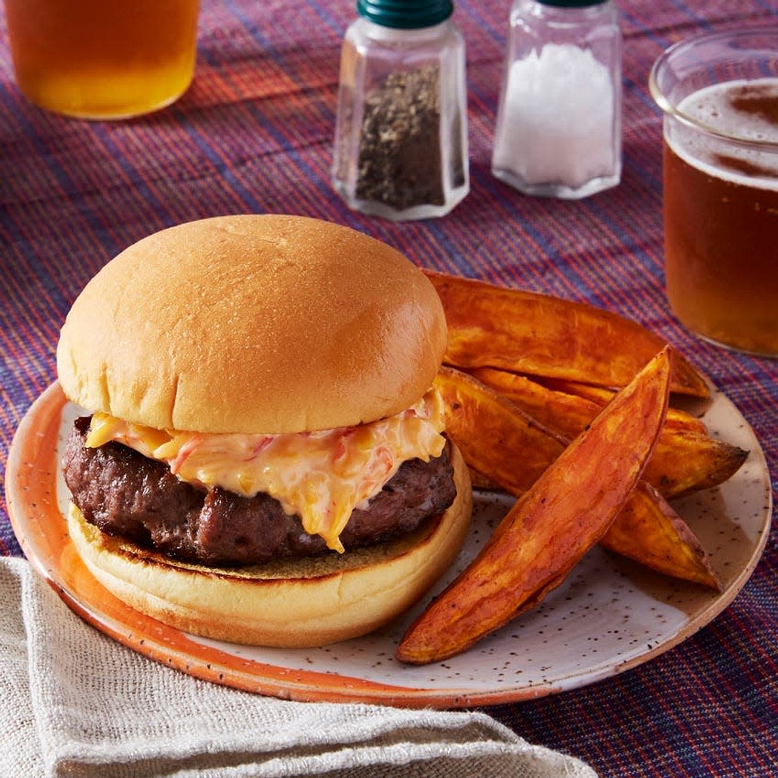 Pimento Cheeseburgers with Roasted Sweet Potato Wedges