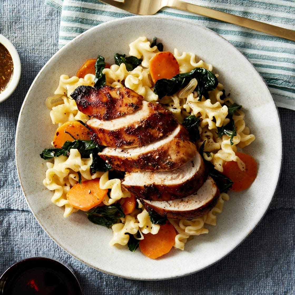 Baked Chicken & Mafalda Pasta with Honey & Balsamic Vinegar Dressing